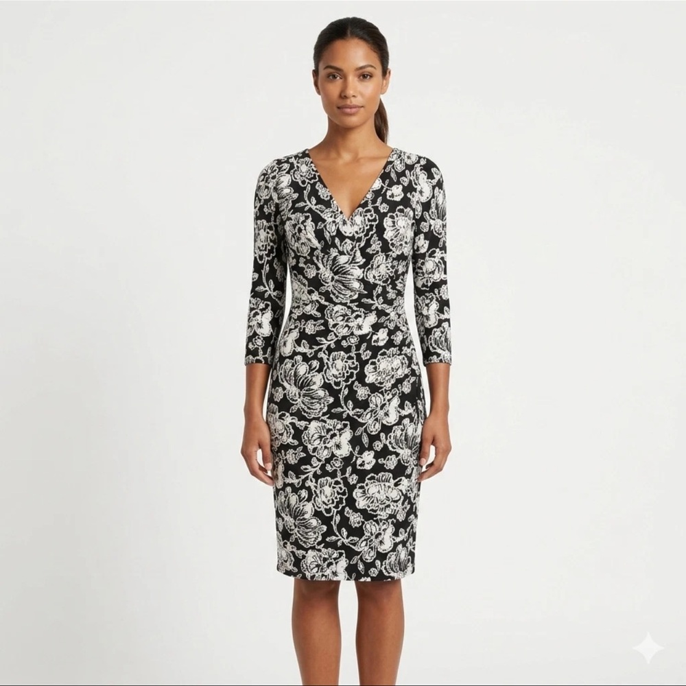 Lauren Ralph Lauren Floral Faux Wrap Midi Dress 6 Black White 3/4 Sleeve Jersey